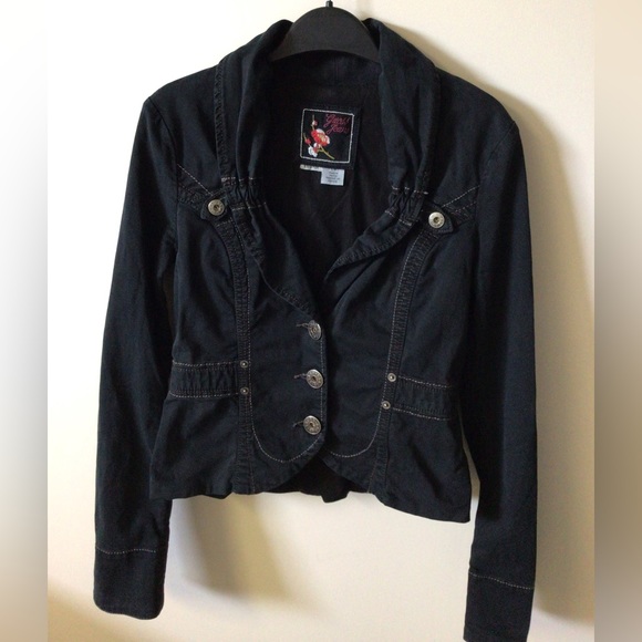 Guess Jeans VGUC unique black jean jacket, 3 button up, buttons on sleeves - Picture 3 of 16
